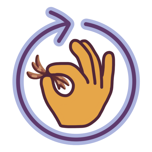  a hand holding pieces of hair, surrounded by a looping purple arrow